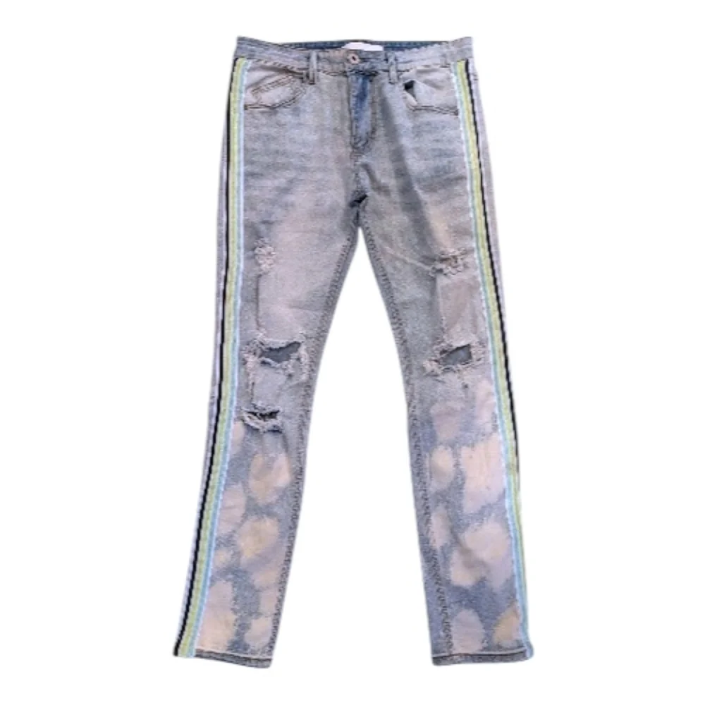 KDNK Tri-striped Bleached Skinny Jean Tinted Blue Size 32 New